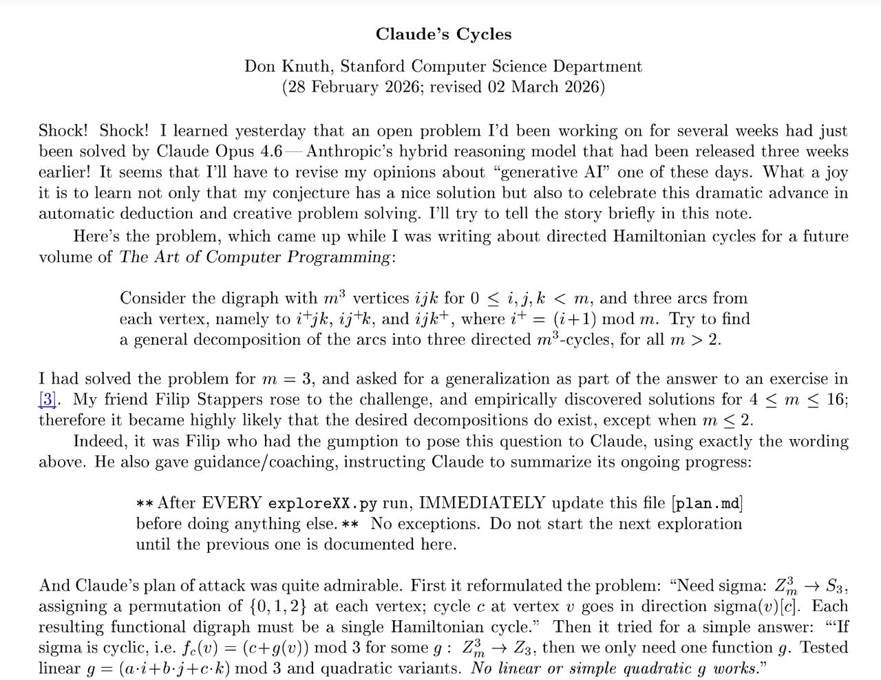 [Don Knuth - Claude's Cycles](https://cs.stanford.edu/~knuth/papers/claude-cycles.pdf)